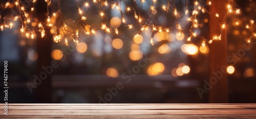 Christmas lights on a wooden table  creating a festive background
