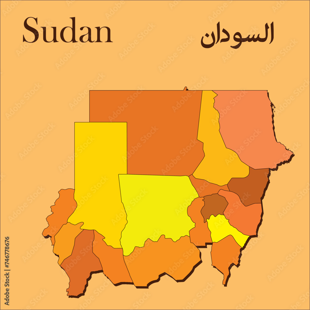 National map of Sudan map vector with regions and cities lines and full