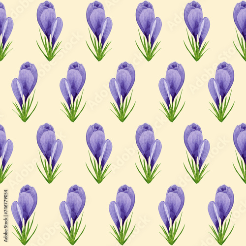 Fototapeta Naklejka Na Ścianę i Meble -  Watercolor purple crocuses seamless pattern, spring flower digital paper on yellow background. Hand painted floral illustration. For textile design, packaging, wrapping paper, wallpaper, scrapbooking.