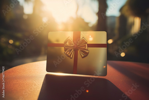 Luxury golden gift card with red bow on table outdoors for business for corporate identity design. Blank golden business card or gift card mockup template photo