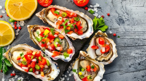 Exquisitely presented oysters dish in hyperrealistic top view close up photography