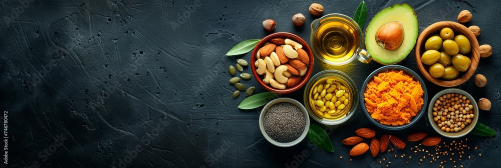 Assorted healthy fats foods avocado, nuts, seeds, olive oil on table with space for text or design Assorted healthy fats foods avocado, nuts, seeds, olive oil on table with space for text or design