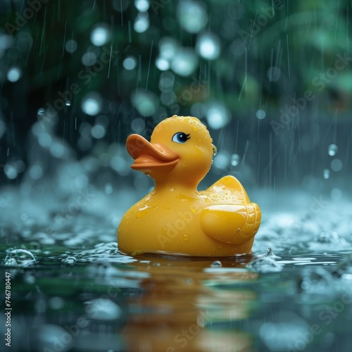 a yellow rubber duck in the rain