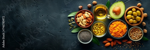 Assorted healthy fats foods avocado, nuts, seeds, olive oil on table with space for text or design