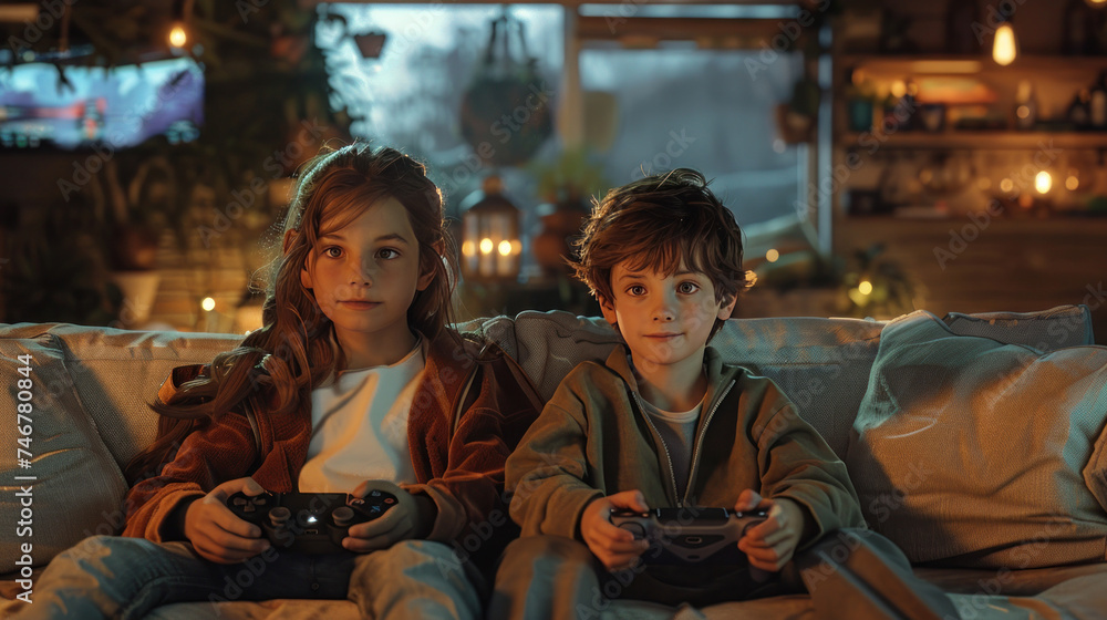 two children playing video games on a couch