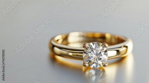 Gold jewelry. Gold jewelry. Product shoot, macro shot, gold wedding ring with diamond on shiny surface. Wedding. Love. Luxury. 
