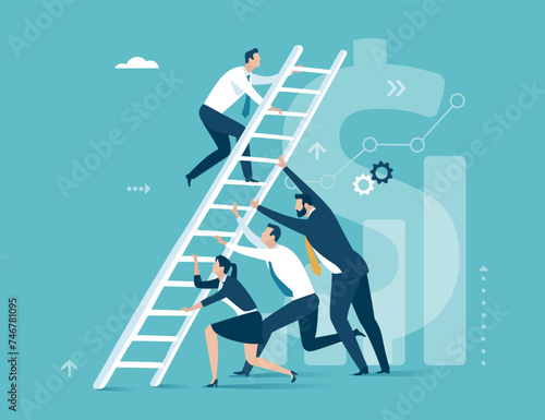 Helping to achieve a goal. The team helps to climb the ladder to achieve profit. Business vector illustration 