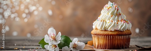 A cupcake with cream and colored crumbles  and apple tree blosson on a wooden table, copyspace, bokeh background 