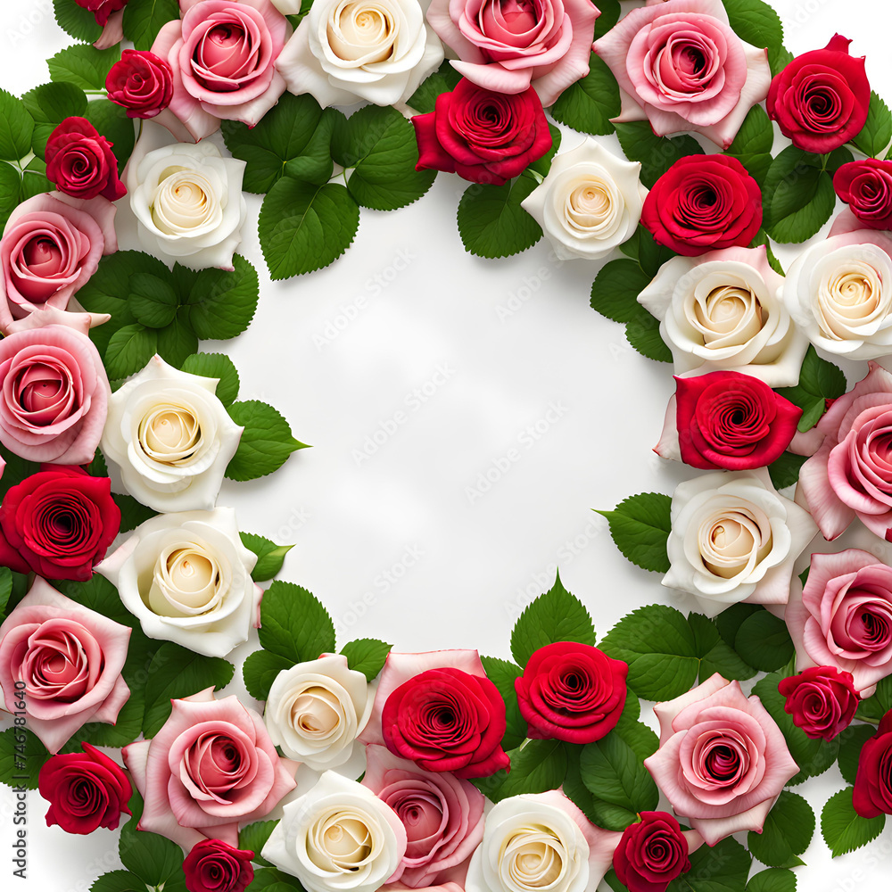 Natural white pink and red rose flowers surrounding square frame Natural white pink and red rose flowers surrounding square frame