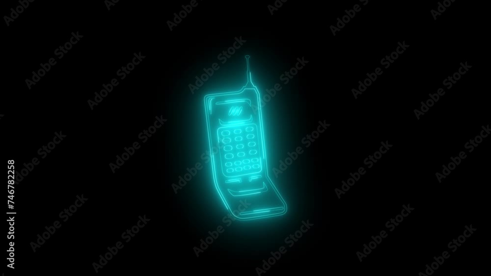 Neon glowing cyan flip phone icon animation in black background Neon glowing cyan flip phone icon animation in black background