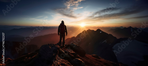 Adventurer standing on mountain peak at sunrise
