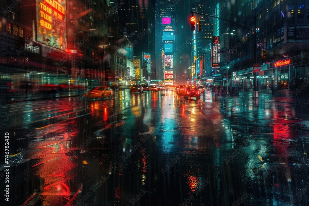 The city street is teeming with vehicles, their lights creating a vibrant scene against the backdrop of the night sky. Rain has washed the pavement, adding a reflective sheen to the bustling scene