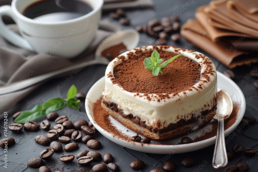 A delicate tiramisu dessert adorned with cocoa powder, resting gracefully on a pristine white plate A delicate tiramisu dessert adorned with cocoa powder, resting gracefully on a pristine white plate