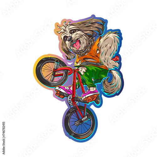 Shih tzu breed dog rides a bicycle. Sticker style. Hand drawn vector illustration. 
