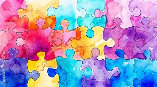Colorful watercolor puzzle pieces symbolize connection and diversity, abstract design.
