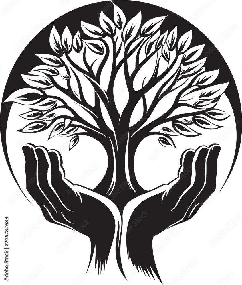 Eco Embrace Black Vector Icon Verdant Touch Living Plant Badge Eco Embrace Black Vector Icon Verdant Touch Living Plant Badge