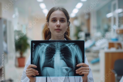 A female doctor carefully examines an x-ray image in her office  analyzing and diagnosing a patients condition with a focused expression