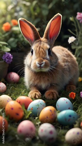 A cute bunny amidst colorful Easter eggs and blooming flowers  capturing the essence of spring