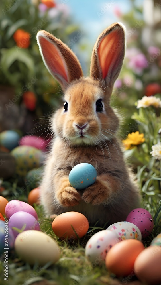 A charming white bunny with large, attentive ears sits amidst colorful Easter eggs in a vibrant garden blooming with flowers. The image exudes a warm, festive atmosphere.