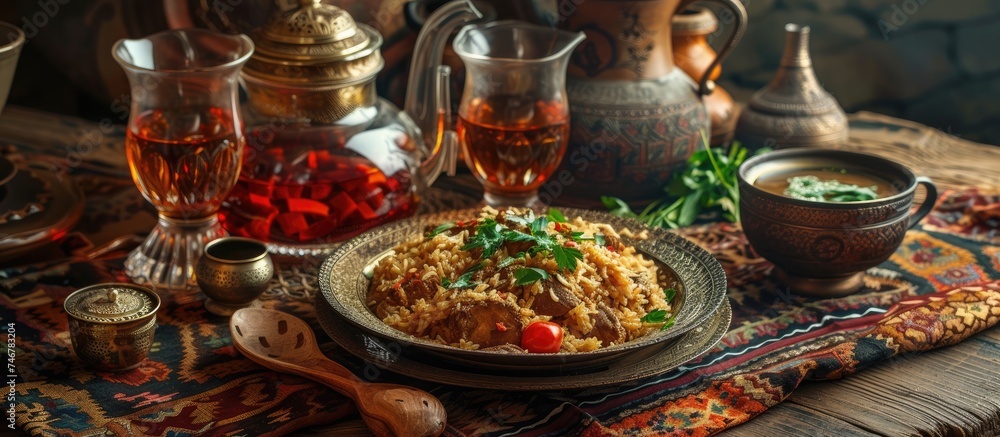 A table covered in adras fabric is topped with a plate of aromatic Uzbek cuisine pilaf, surrounded by glasses of wine and tea.