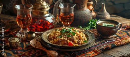 A table covered in adras fabric is topped with a plate of aromatic Uzbek cuisine pilaf, surrounded by glasses of wine and tea.