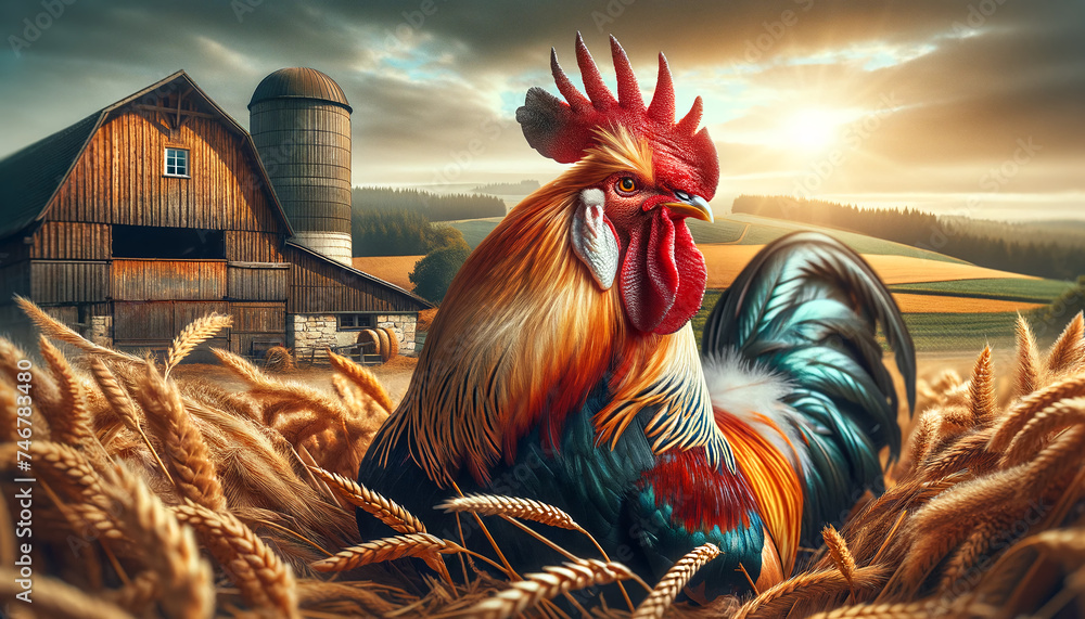 Majestic portrait of a rooster in a farm setting, showcasing vibrant colors and intricate feathers against a barn and countryside backdrop.  - obrazy, fototapety, plakaty 