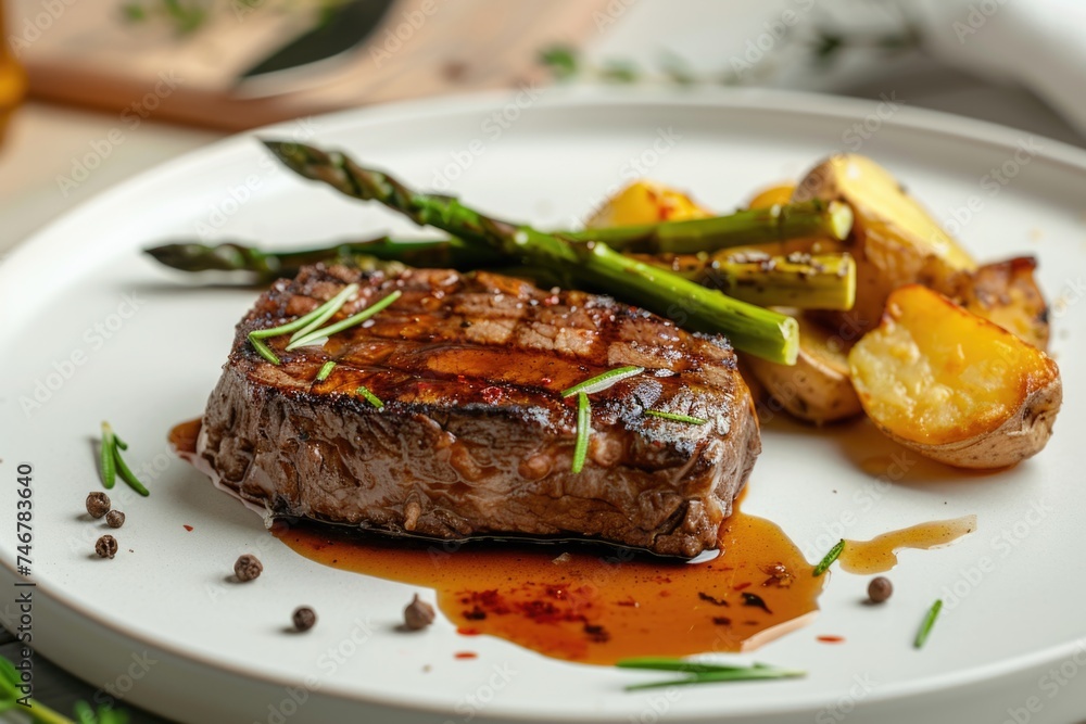 A juicy piece of steak with a crispy crust sits atop a white plate, accompanied by perfectly grilled asparagus A juicy piece of steak with a crispy crust sits atop a white plate, accompanied by perfectly grilled asparagus