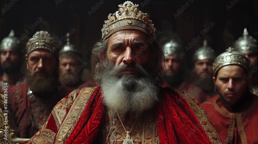 Fototapeta premium king in luxurious robes sitting on a throne. Surrounded by warriors in traditional armor, the character symbolizes power and historical significance. Concept: royal family, power of the king, monarchy