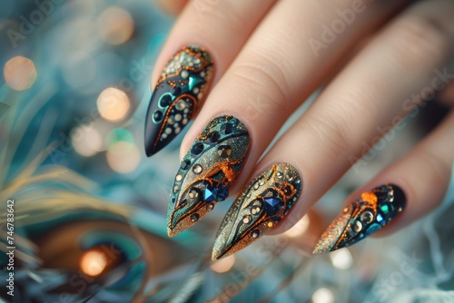 A close-up view of a womans hand showcasing a colorful and artistic manicure with intricate designs and a vibrant color palette