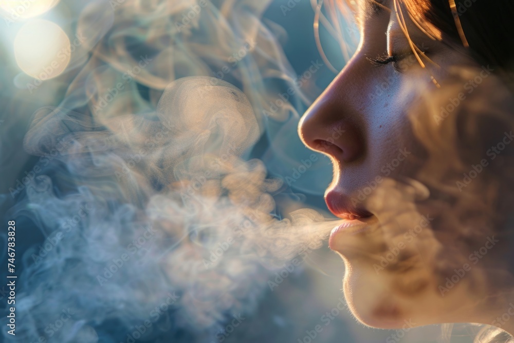 A woman is seen smoking a cigarette in front of a window, lost in deep thought as she gazes outside. The smoke swirls around her, creating a sense of introspection