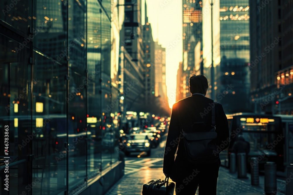 A man in business attire is walking down a bustling city street, holding a suitcase in one hand. He appears focused and determined, blending into the urban landscape A man in business attire is walking down a bustling city street, holding a suitcase in one hand. He appears focused and determined, blending into the urban landscape