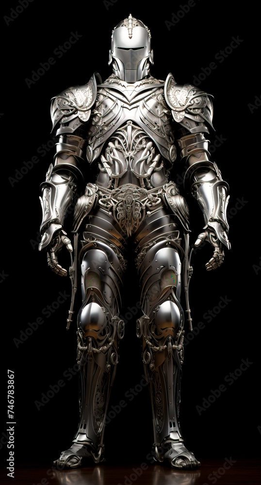 Fototapeta premium Regal Robotic Knight in Ornate Armor, a Blend of Chivalry and Technology created with Generative AI technology.