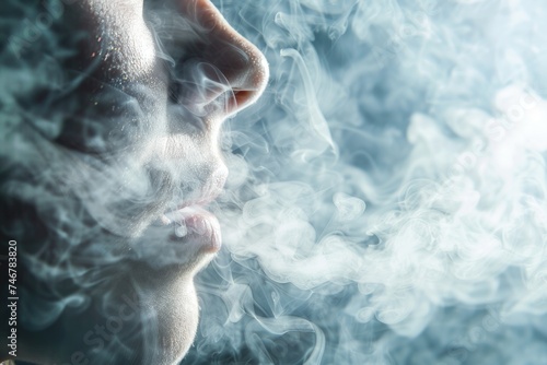 A mysterious woman exhales swirling smoke, creating a mesmerizing and magical scene