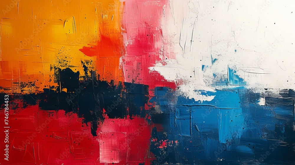 Fototapeta premium Abstract painting featuring bold strokes of red, yellow, blue and black on a white canvas. Concept: use in interior design, book covers and music albums
