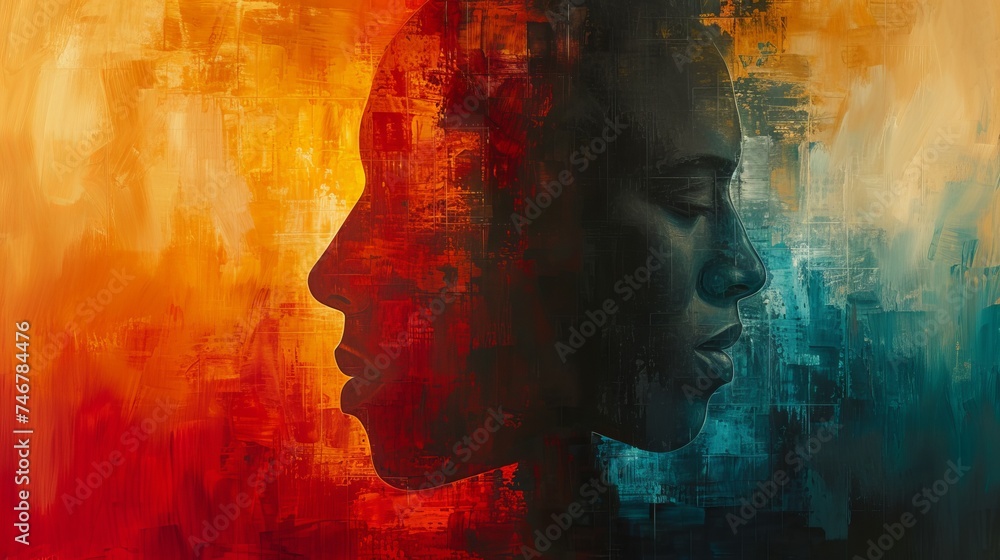 A silhouette of a person's profile fused with bright red and blue abstract colors in the background, creating a burning and cooling effect. Concept: psychology, emotions, personality dualism, and also - obrazy, fototapety, plakaty 