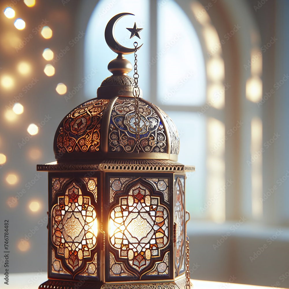 Stained Glass Eid al Fitr Lantern with Crescent Moon and Star foto de ...