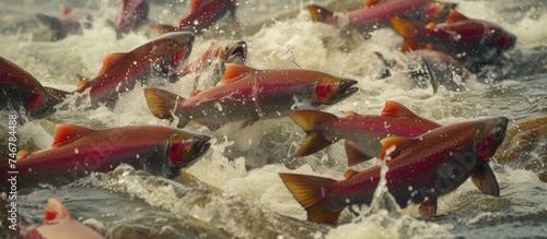 A significant number of pink salmon, also known as humpy salmon, swim in Resurrection Creek, Alaska. The fish are moving together in the water, displaying their vibrant pink and silver scales. photo