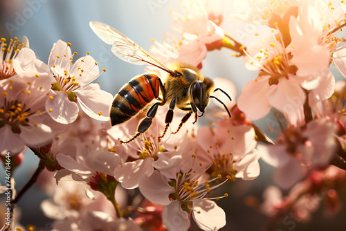 Macro Beauty: Honeybee Pollinating Vibrant Flowers, Eco-Themed Image created with Generative AI technology © Fernando Cortés