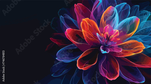 Abstract colorful neon flower on black background. D