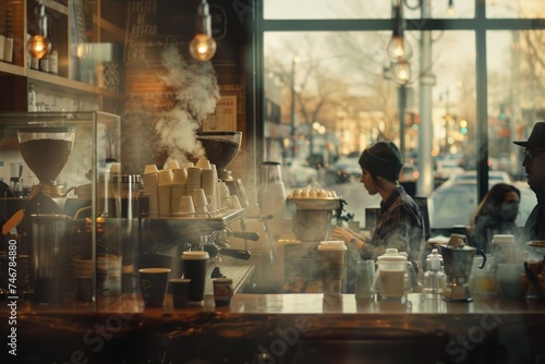 A couple is engaged in conversation at the counter of a cozy restaurant, surrounded by the inviting ambiance of a coffeehouse