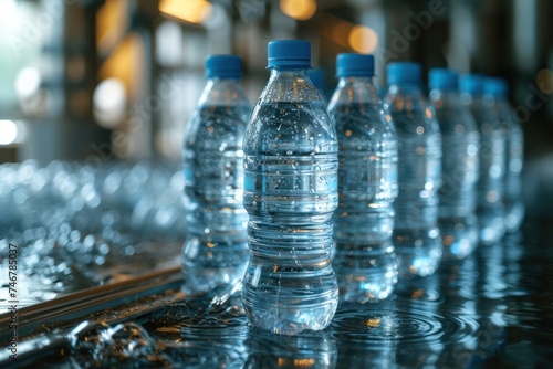 A row of bottled water bottles sitting on top of a conveyor belt, ready for efficient water delivery.
