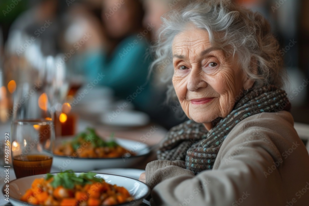 An elderly woman is seated at a table, savoring a plate of nutritious food.