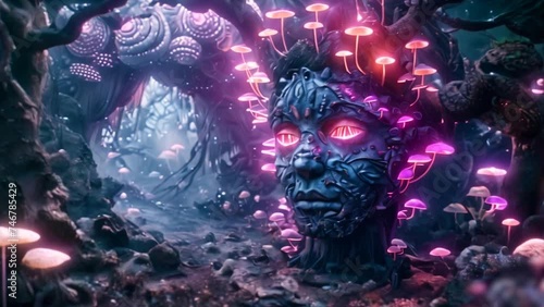 Magical forest at night, featuring an intriguing stone head covered in luminous hallucinogenic mushrooms and fluorescent neon lights. Psychedelic mind-altering experience for trippy initiatory journey photo