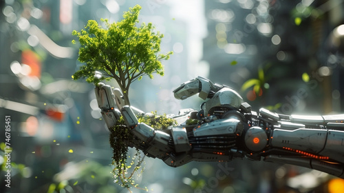 Cyberpunk A robotic hand planting a tree in a futuristic city, where rock meets tech in harmony photo
