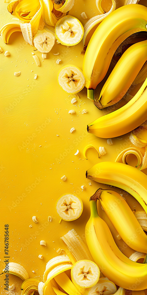 Obraz premium Yellow background decorated with fresh bananas with space for text