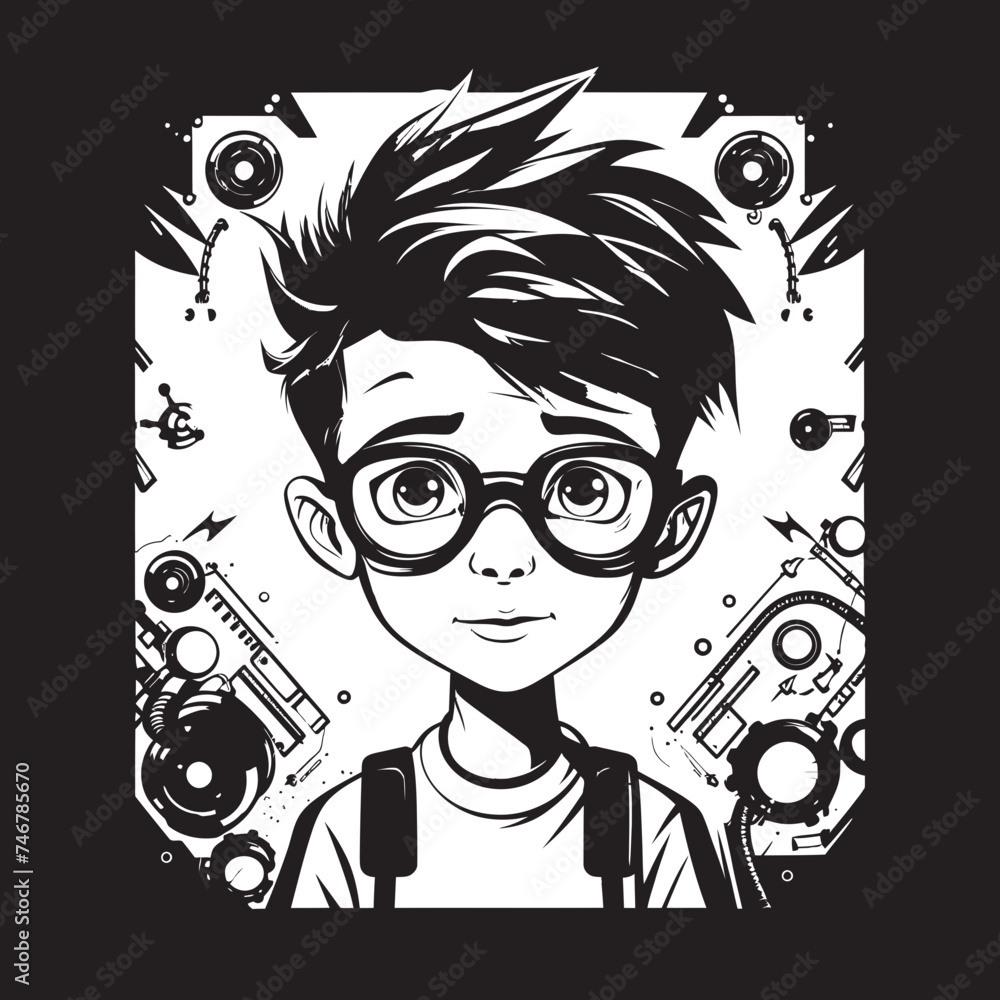 Obraz premium Young Engineer Maverick Cyber Tech Kid Icon in Vector Black Logo Tech Visionary Junior Inventor Engineer Cyber Logo Graphic in Vector Black