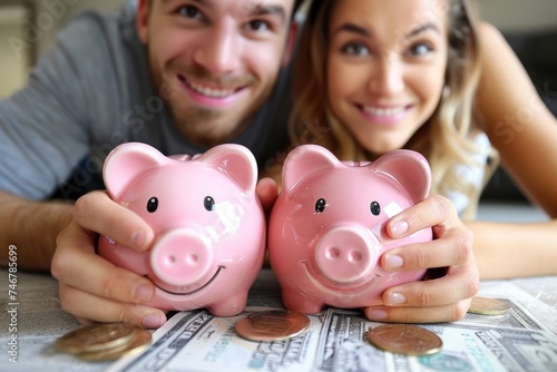 A confident man and woman, with satisfied expressions, hold pink piggy banks symbolizing saving money together as a family