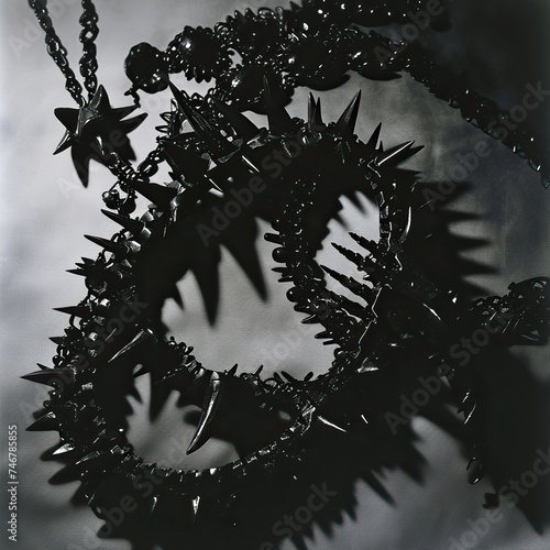 A close-up of gothcore accessories like spiked collars and dark jewelry arranged in a shadowy, high-contrast manner. The minimalistic yet impactful composition is influenced by the abstract still-life
