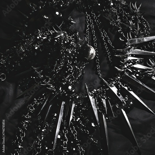 A close-up of gothcore accessories like spiked collars and dark jewelry arranged in a shadowy, high-contrast manner. The minimalistic yet impactful composition is influenced by the abstract still-life