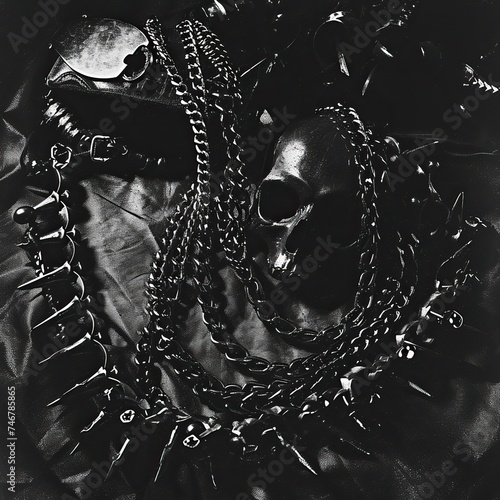 A close-up of gothcore accessories like spiked collars and dark jewelry arranged in a shadowy, high-contrast manner. The minimalistic yet impactful composition is influenced by the abstract still-life